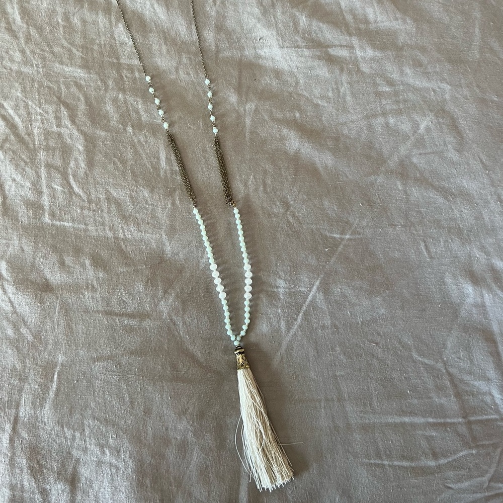 Light blue, bronze and cream Tassle necklace